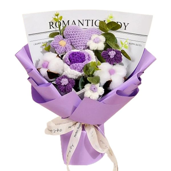 Handmade Crochet Pink and Purple Rose Bouquet Knitted Artificial Flowers Gift for Girlfriend Handmade Crochet Pink and Purple Rose Bouquet Knitted Artificial Flowers Gift for Girlfriend