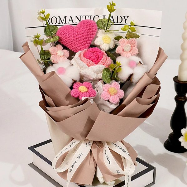 Handmade Crochet Pink and Purple Rose Bouquet Knitted Artificial Flowers Gift for Girlfriend Handmade Crochet Pink and Purple Rose Bouquet Knitted Artificial Flowers Gift for Girlfriend