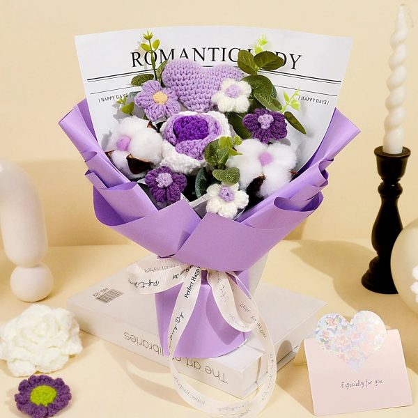 Handmade Crochet Pink and Purple Rose Bouquet Knitted Artificial Flowers Gift for Girlfriend Handmade Crochet Pink and Purple Rose Bouquet Knitted Artificial Flowers Gift for Girlfriend
