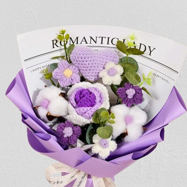 Handmade Crochet Pink and Purple Rose Bouquet Knitted Artificial Flowers Gift for Girlfriend Handmade Crochet Pink and Purple Rose Bouquet Knitted Artificial Flowers Gift for Girlfriend