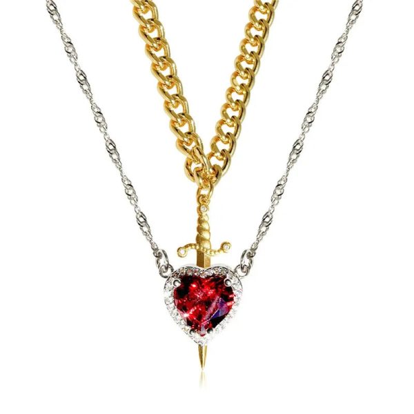 Heart and Sword Zircon Pendant Necklace Set Heart and Sword Zircon Pendant Necklace Set