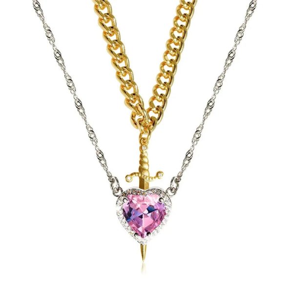 Heart and Sword Zircon Pendant Necklace Set Heart and Sword Zircon Pendant Necklace Set