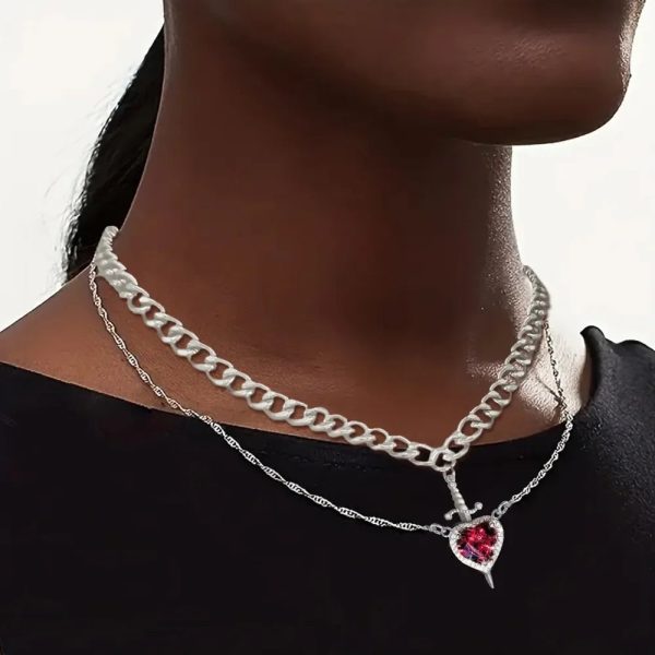 Heart and Sword Zircon Pendant Necklace Set Heart and Sword Zircon Pendant Necklace Set