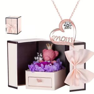 Heartbeat Pendant Necklace with Teddy Bear and Rose Gift Box