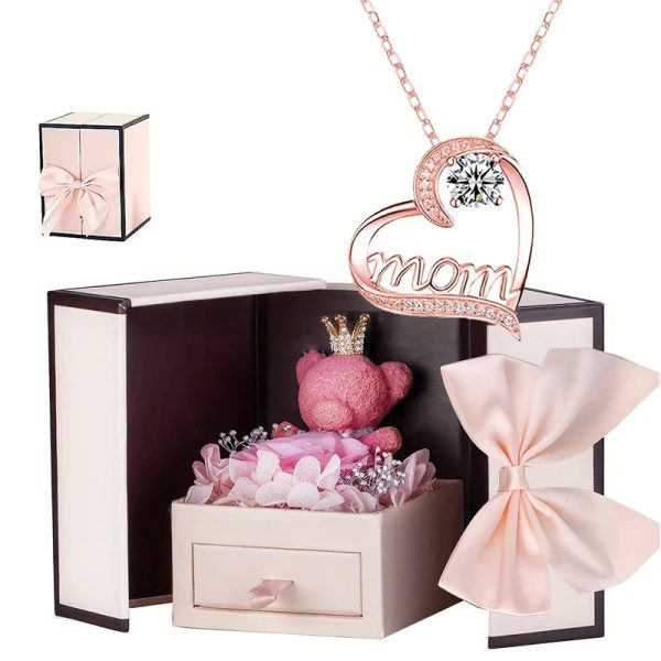 Heartbeat Pendant Necklace with Teddy Bear and Rose Gift Box