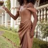 High Split Ruched Off Shoulder Satin Midi Corset Dress - Coffee High Split Ruched Off Shoulder Satin Midi Corset Dress - Coffee