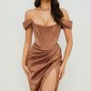 High Split Ruched Off Shoulder Satin Midi Corset Dress - Coffee High Split Ruched Off Shoulder Satin Midi Corset Dress - Coffee