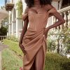 High Split Ruched Off Shoulder Satin Midi Corset Dress - Coffee High Split Ruched Off Shoulder Satin Midi Corset Dress - Coffee