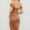 High Split Ruched Off Shoulder Satin Midi Corset Dress - Coffee High Split Ruched Off Shoulder Satin Midi Corset Dress - Coffee