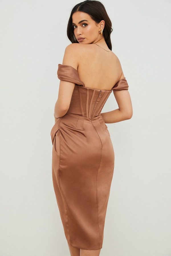 High Split Ruched Off Shoulder Satin Midi Corset Dress - Coffee High Split Ruched Off Shoulder Satin Midi Corset Dress - Coffee