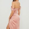 High Split Ruched Off Shoulder Satin Midi Corset Dress - Pink High Split Ruched Off Shoulder Satin Midi Corset Dress - Pink