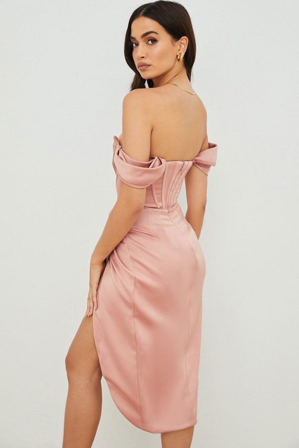 High Split Ruched Off Shoulder Satin Midi Corset Dress - Pink High Split Ruched Off Shoulder Satin Midi Corset Dress - Pink