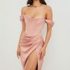 High Split Ruched Off Shoulder Satin Midi Corset Dress - Pink High Split Ruched Off Shoulder Satin Midi Corset Dress - Pink