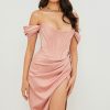 High Split Ruched Off Shoulder Satin Midi Corset Dress - Pink High Split Ruched Off Shoulder Satin Midi Corset Dress - Pink