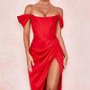 High Split Ruched Off Shoulder Satin Midi Corset Dress - Red High Split Ruched Off Shoulder Satin Midi Corset Dress - Red
