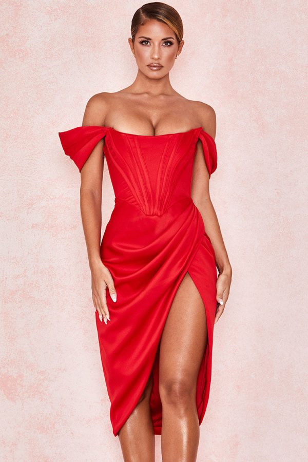 High Split Ruched Off Shoulder Satin Midi Corset Dress - Red High Split Ruched Off Shoulder Satin Midi Corset Dress - Red