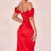 High Split Ruched Off Shoulder Satin Midi Corset Dress - Red High Split Ruched Off Shoulder Satin Midi Corset Dress - Red