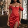 High Split Ruched Off Shoulder Satin Midi Corset Dress - Red High Split Ruched Off Shoulder Satin Midi Corset Dress - Red