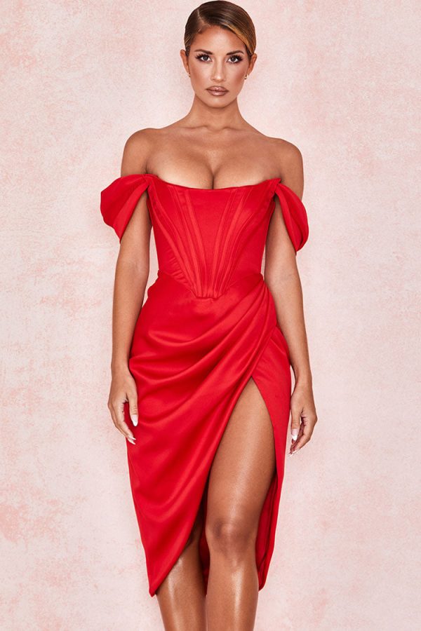 High Split Ruched Off Shoulder Satin Midi Corset Dress - Red High Split Ruched Off Shoulder Satin Midi Corset Dress - Red