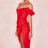 High Split Ruched Off Shoulder Satin Midi Corset Dress - Red High Split Ruched Off Shoulder Satin Midi Corset Dress - Red