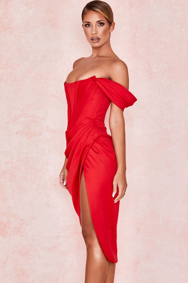 High Split Ruched Off Shoulder Satin Midi Corset Dress - Red High Split Ruched Off Shoulder Satin Midi Corset Dress - Red