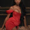 High Split Ruched Off Shoulder Satin Midi Corset Dress - Red High Split Ruched Off Shoulder Satin Midi Corset Dress - Red