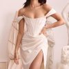 High Split Ruched Off Shoulder Satin Midi Corset Dress - White High Split Ruched Off Shoulder Satin Midi Corset Dress - White