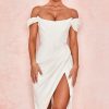 High Split Ruched Off Shoulder Satin Midi Corset Dress - White High Split Ruched Off Shoulder Satin Midi Corset Dress - White
