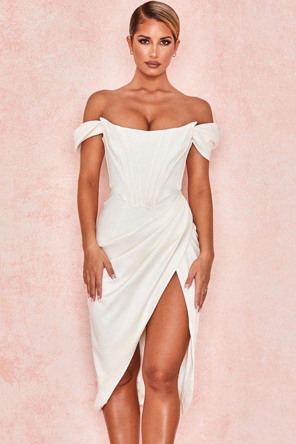 High Split Ruched Off Shoulder Satin Midi Corset Dress - White High Split Ruched Off Shoulder Satin Midi Corset Dress - White
