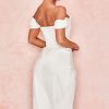 High Split Ruched Off Shoulder Satin Midi Corset Dress - White High Split Ruched Off Shoulder Satin Midi Corset Dress - White