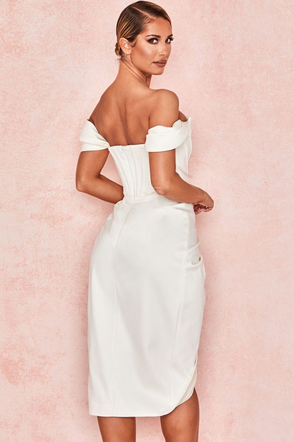 High Split Ruched Off Shoulder Satin Midi Corset Dress - White High Split Ruched Off Shoulder Satin Midi Corset Dress - White