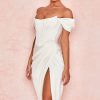 High Split Ruched Off Shoulder Satin Midi Corset Dress - White High Split Ruched Off Shoulder Satin Midi Corset Dress - White