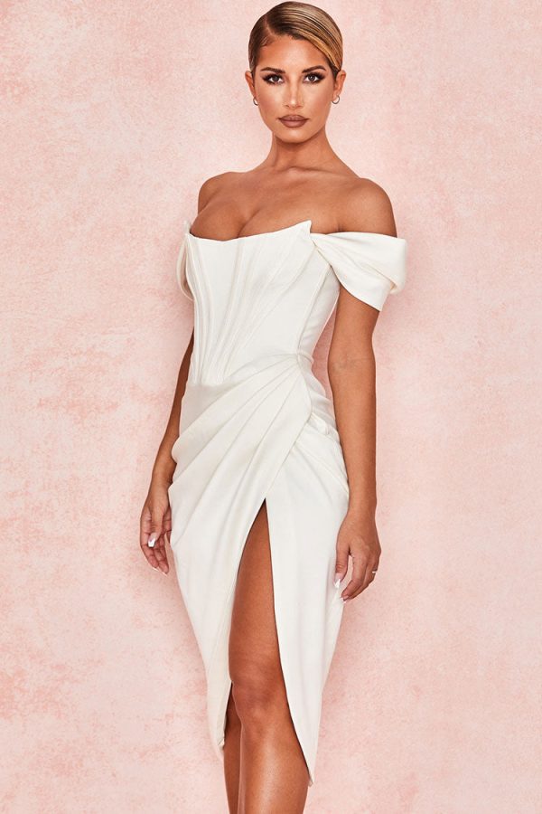 High Split Ruched Off Shoulder Satin Midi Corset Dress - White High Split Ruched Off Shoulder Satin Midi Corset Dress - White