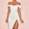 High Split Ruched Off Shoulder Satin Midi Corset Dress - White High Split Ruched Off Shoulder Satin Midi Corset Dress - White