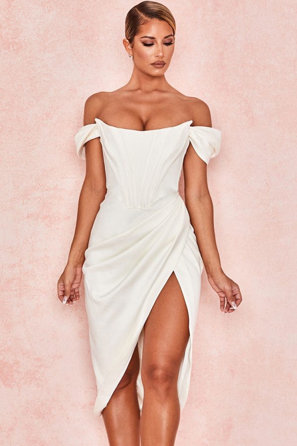 High Split Ruched Off Shoulder Satin Midi Corset Dress - White High Split Ruched Off Shoulder Satin Midi Corset Dress - White