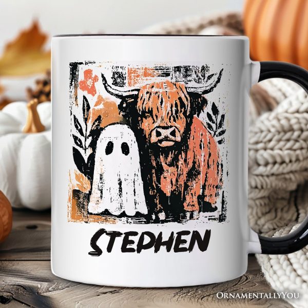 Highland Cow Ghost Fall Personalized Mug, Spooky Season Halloween Gift with Custom Name Highland Cow Ghost Fall Personalized Mug, Spooky Season Halloween Gift with Custom Name