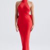 Holiday Oversized Bowknot Backless Halter Satin Evening Maxi Dress - Red Holiday Oversized Bowknot Backless Halter Satin Evening Maxi Dress - Red