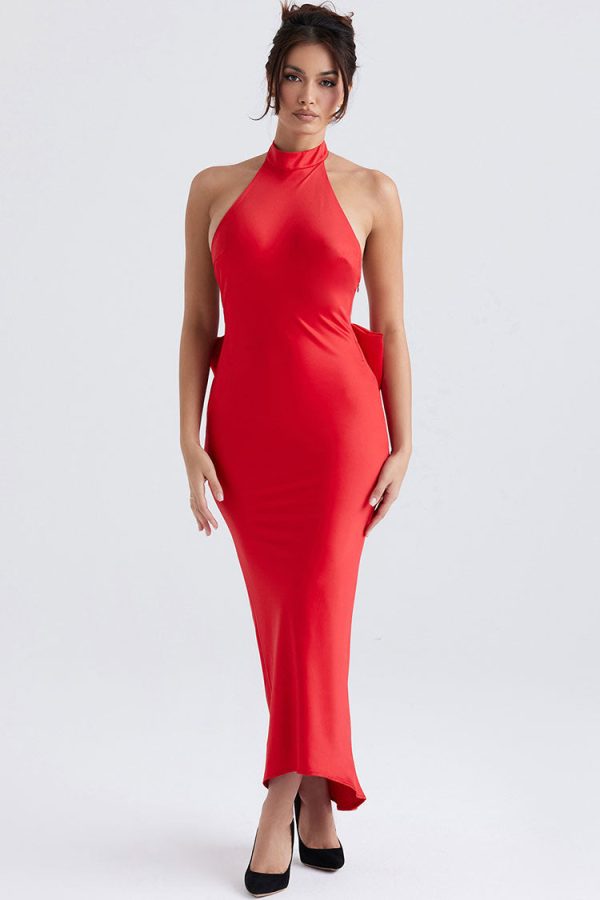 Holiday Oversized Bowknot Backless Halter Satin Evening Maxi Dress - Red Holiday Oversized Bowknot Backless Halter Satin Evening Maxi Dress - Red