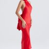 Holiday Oversized Bowknot Backless Halter Satin Evening Maxi Dress - Red Holiday Oversized Bowknot Backless Halter Satin Evening Maxi Dress - Red