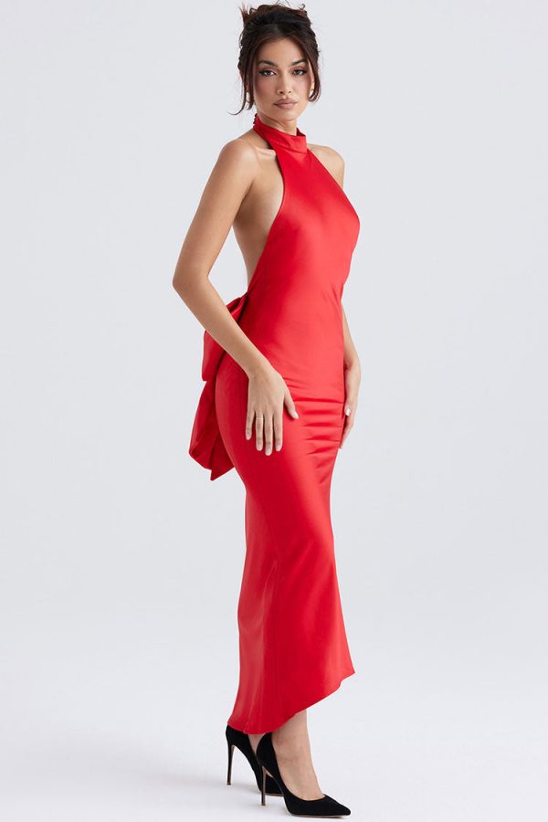 Holiday Oversized Bowknot Backless Halter Satin Evening Maxi Dress - Red Holiday Oversized Bowknot Backless Halter Satin Evening Maxi Dress - Red