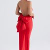 Holiday Oversized Bowknot Backless Halter Satin Evening Maxi Dress - Red Holiday Oversized Bowknot Backless Halter Satin Evening Maxi Dress - Red