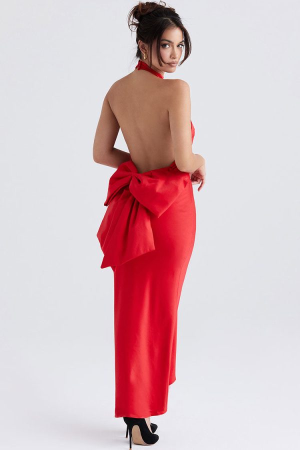 Holiday Oversized Bowknot Backless Halter Satin Evening Maxi Dress - Red Holiday Oversized Bowknot Backless Halter Satin Evening Maxi Dress - Red