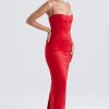 Holiday Sweetheart Corset Cami Sleeveless Satin Evening Maxi Dress - Red Holiday Sweetheart Corset Cami Sleeveless Satin Evening Maxi Dress - Red