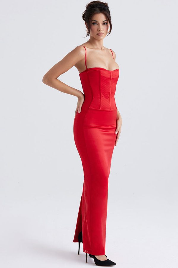 Holiday Sweetheart Corset Cami Sleeveless Satin Evening Maxi Dress - Red Holiday Sweetheart Corset Cami Sleeveless Satin Evening Maxi Dress - Red