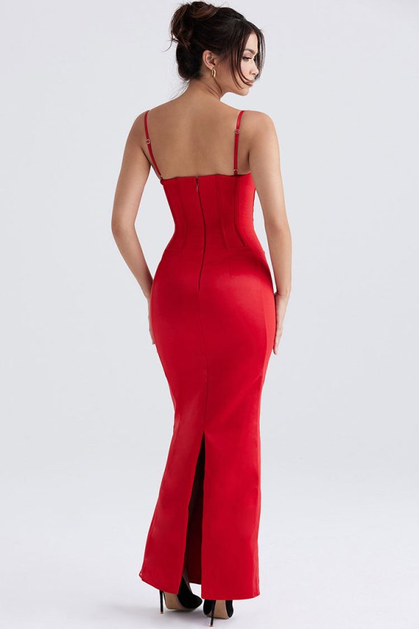 Holiday Sweetheart Corset Cami Sleeveless Satin Evening Maxi Dress - Red Holiday Sweetheart Corset Cami Sleeveless Satin Evening Maxi Dress - Red