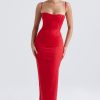 Holiday Sweetheart Corset Cami Sleeveless Satin Evening Maxi Dress - Red Holiday Sweetheart Corset Cami Sleeveless Satin Evening Maxi Dress - Red