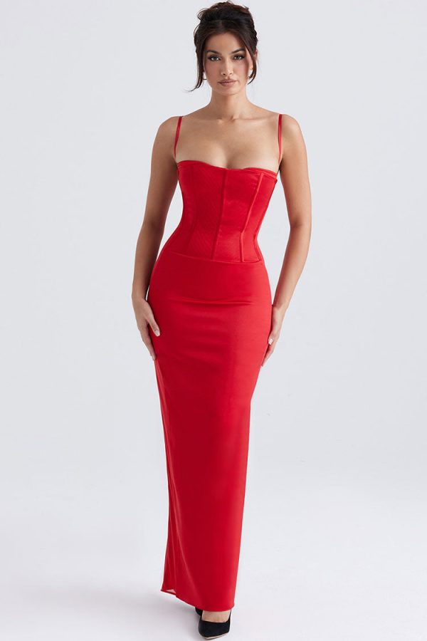 Holiday Sweetheart Corset Cami Sleeveless Satin Evening Maxi Dress - Red Holiday Sweetheart Corset Cami Sleeveless Satin Evening Maxi Dress - Red