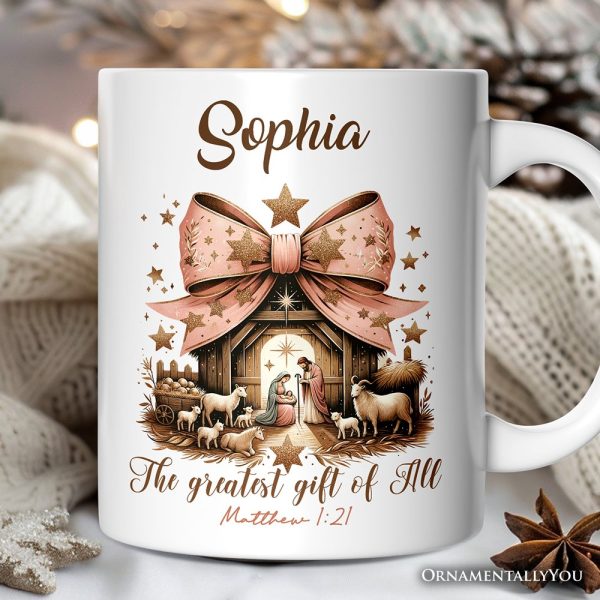 Holy Night Nativity Scene Jesus Personalized Mug, The Greatest Gift of All Matthew 1:21 Christian Christmas Gift with Custom Name Holy Night Nativity Scene Jesus Personalized Mug, The Greatest Gift of All Matthew 1:21 Christian Christmas Gift with Custom Name