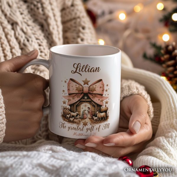 Holy Night Nativity Scene Jesus Personalized Mug, The Greatest Gift of All Matthew 1:21 Christian Christmas Gift with Custom Name Holy Night Nativity Scene Jesus Personalized Mug, The Greatest Gift of All Matthew 1:21 Christian Christmas Gift with Custom Name