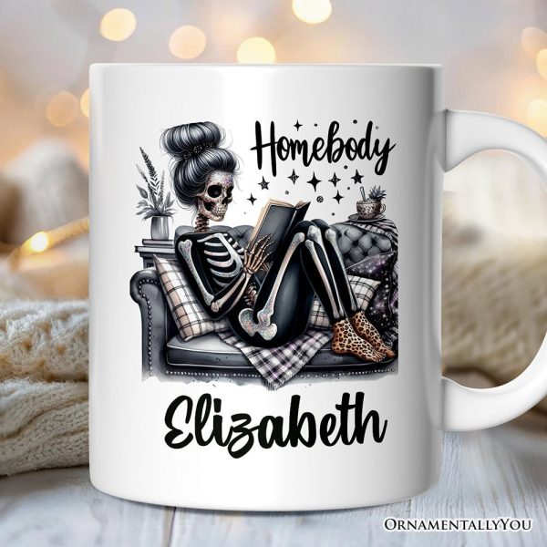 Homebody Reading Skeleton Personalized Mug, Funny Lazy Selfcare Gift with Custom Name Homebody Reading Skeleton Personalized Mug, Funny Lazy Selfcare Gift with Custom Name